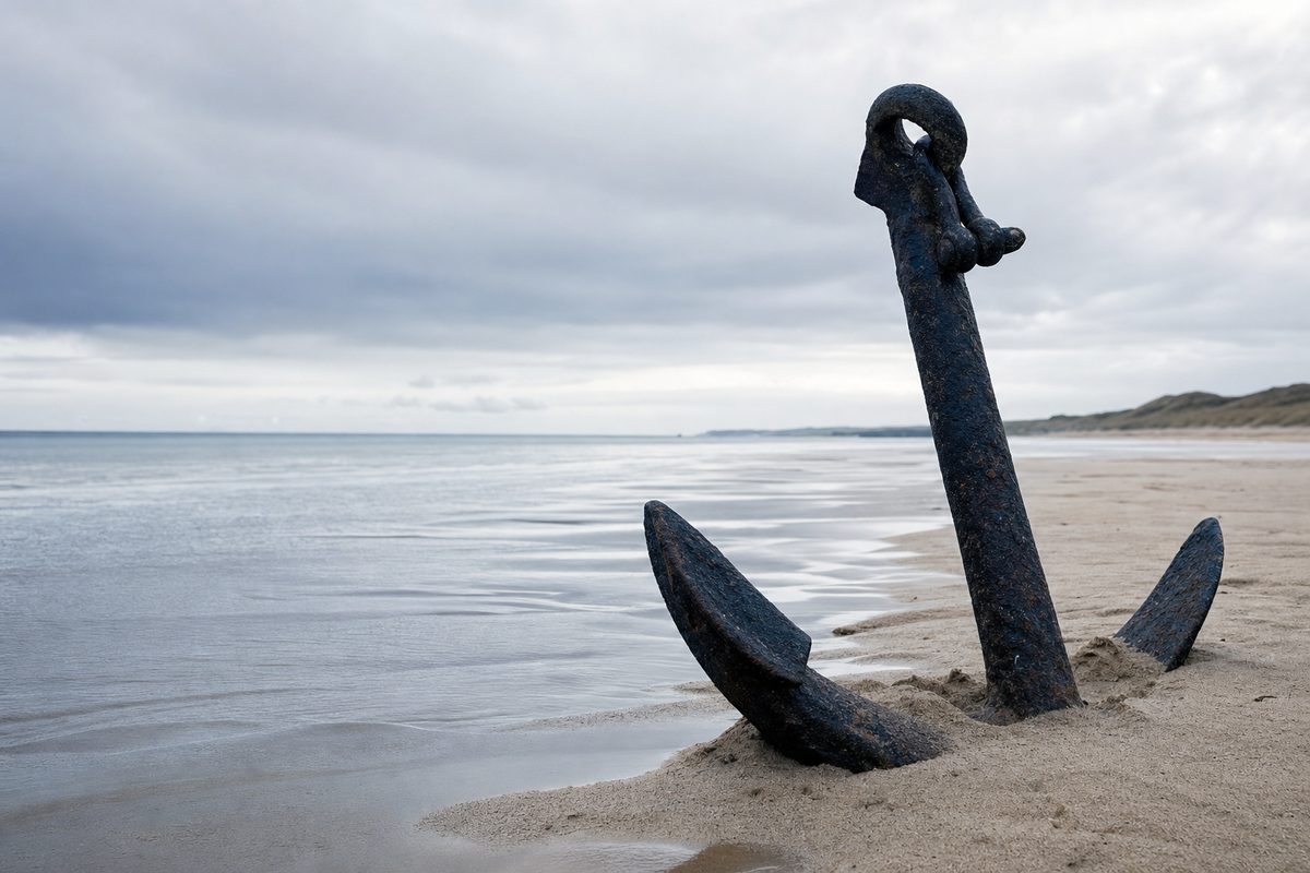 Âncora de ferro enterrada até a metade na areia de uma praia na maré baixa